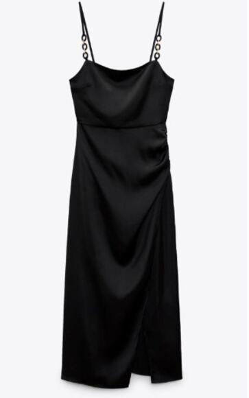 Zara Black Satin Effect Midi / Maxi Dress Gold Chain Spaghetti Straps Medium - Picture 4 of 13